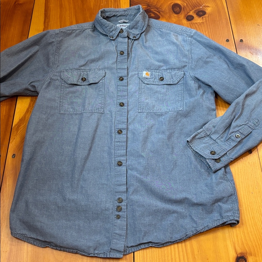 CARHARTT L Denim Blue Chambray Relaxed Fit Midweight Shirt Button Down Pocket